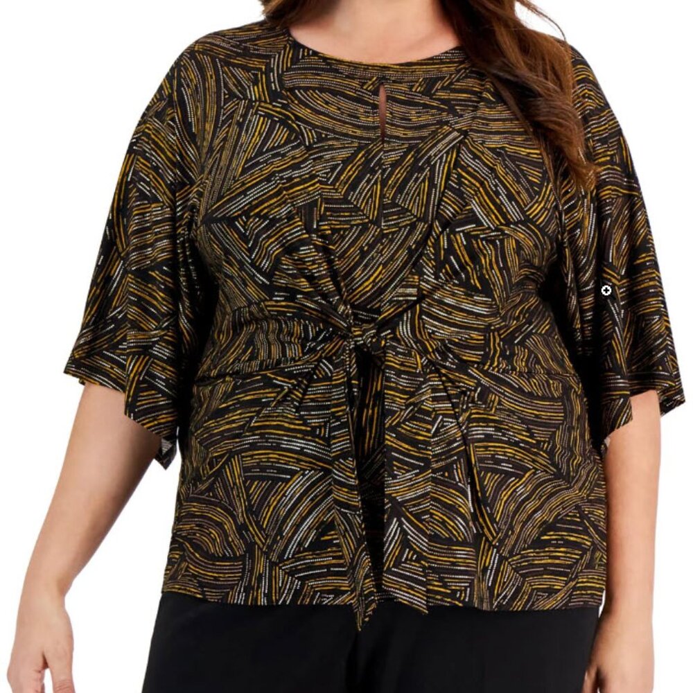 Kasper Plus Size Printed Elbow-Sleeve Tie-Waist Top - Black/Marigold Comb 3X